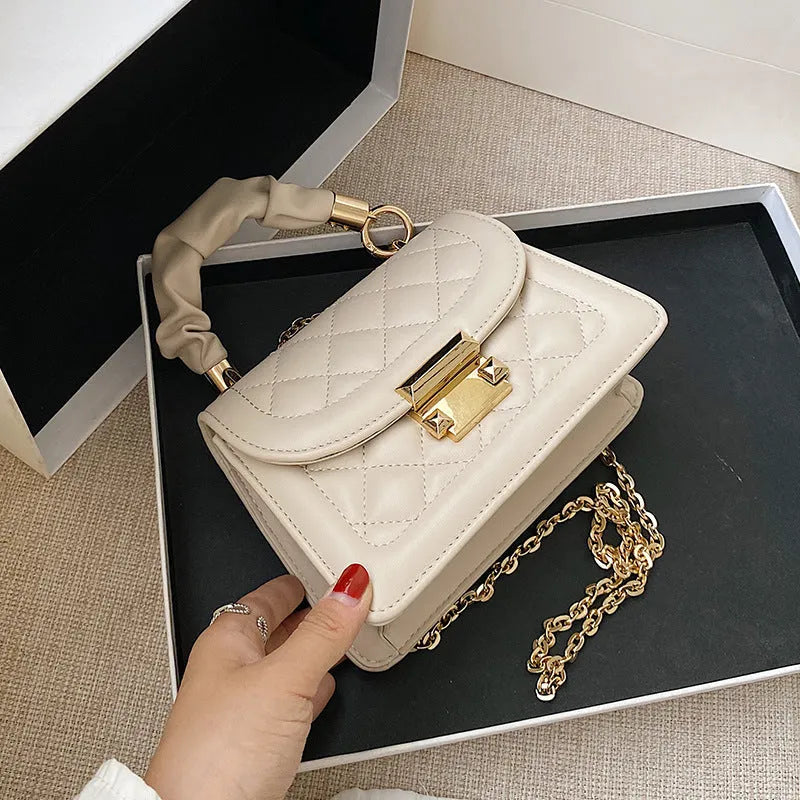 Korean style small square ladies crossbody bag in purple colour with soft PU surface