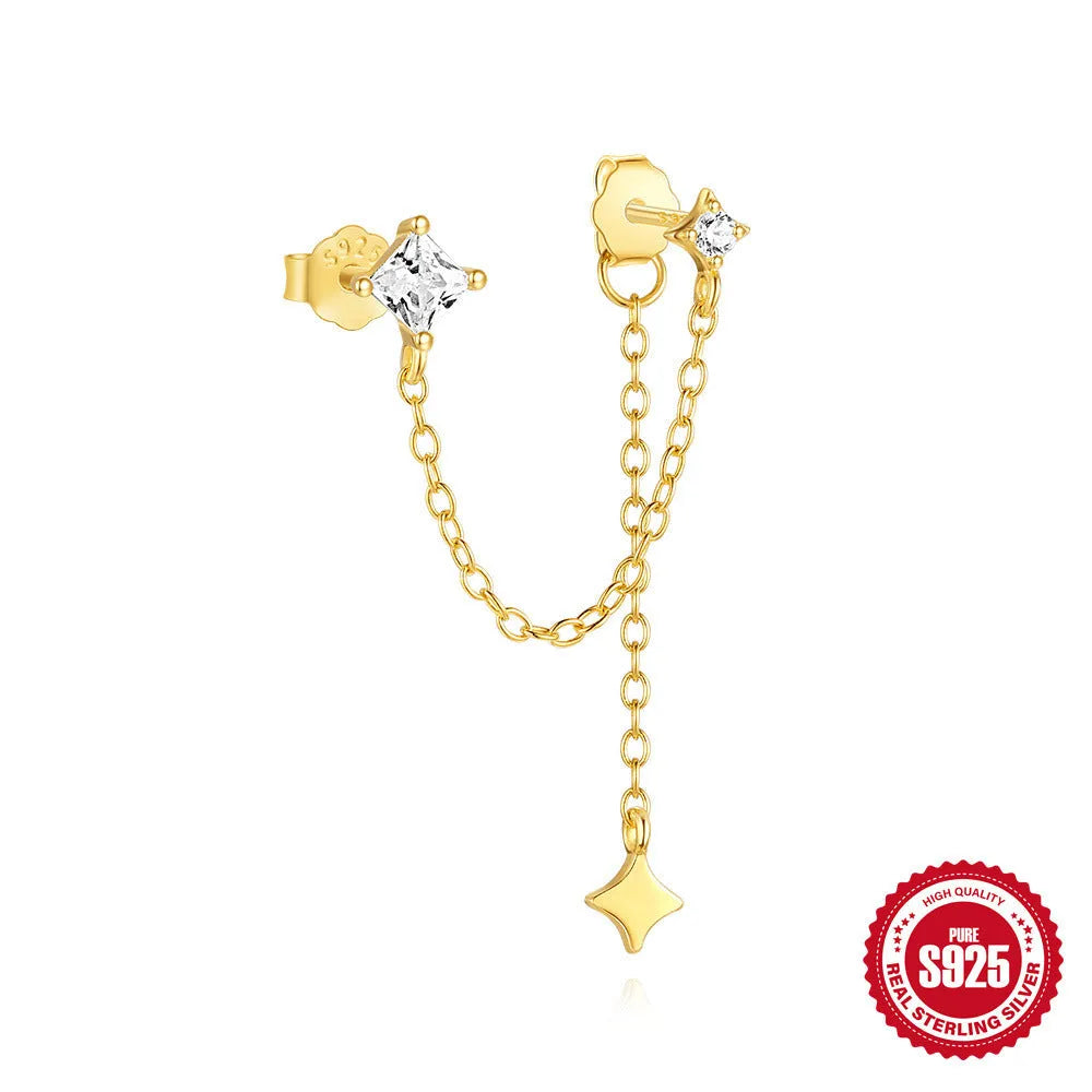 Golden geometric S925 sterling silver stud earrings with zircon inlays, showing clover, crown, and chain horse eye designs.
