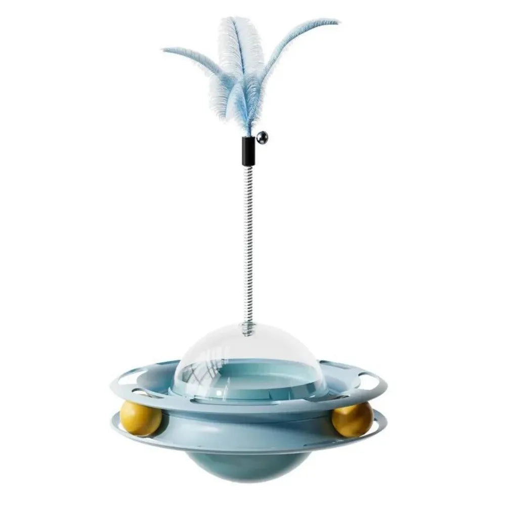 Cat UFO tumbler turntable toy with blue plastic base and feather attachment on a white background, pet entertainment product