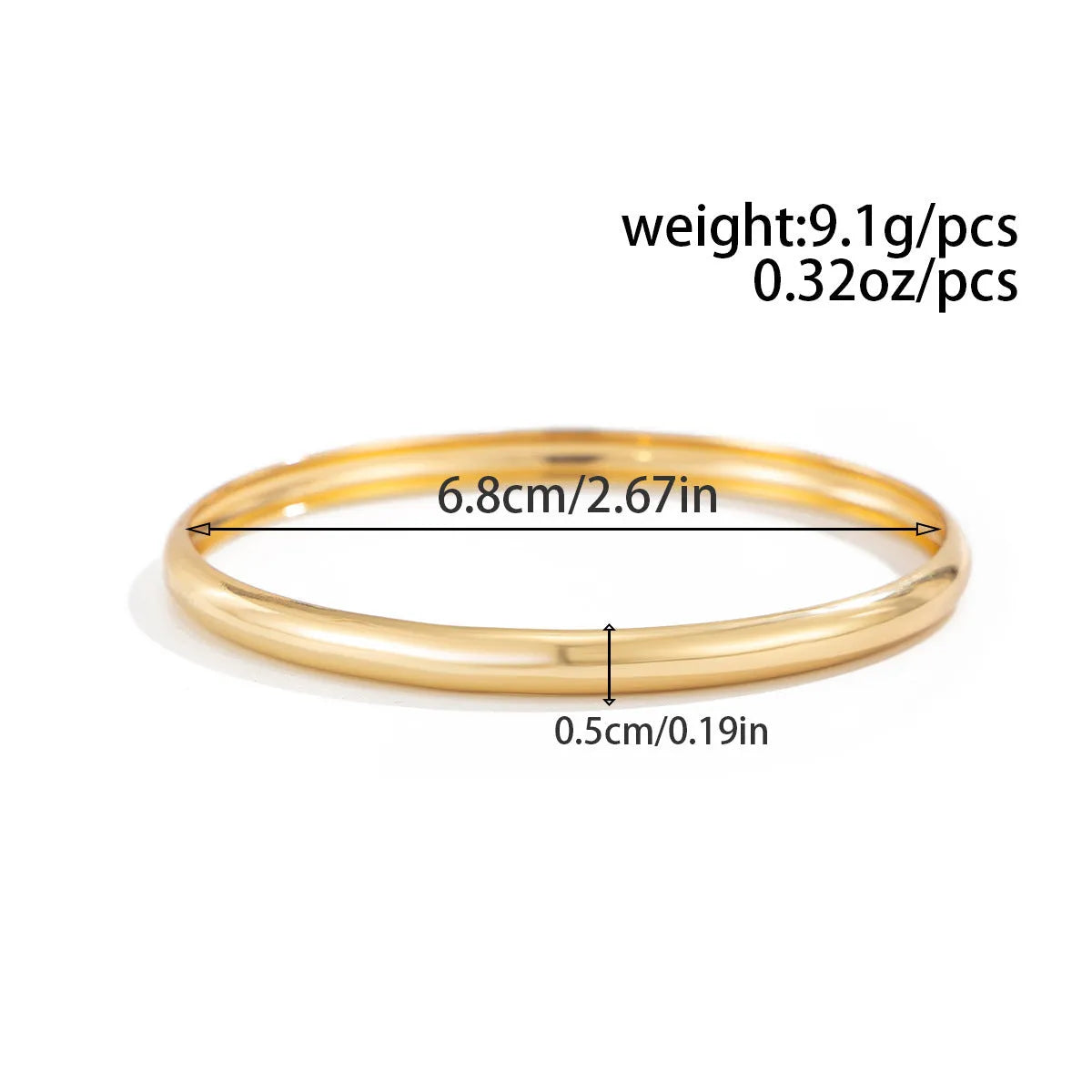 Exaggerated wide round glossy metal bracelet in gold tone on plain background