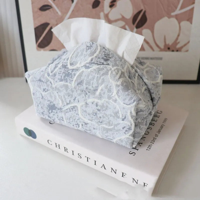 Chinese style pastoral cotton fabric tissue box in beige, blue or brown, 17x11x7cm.