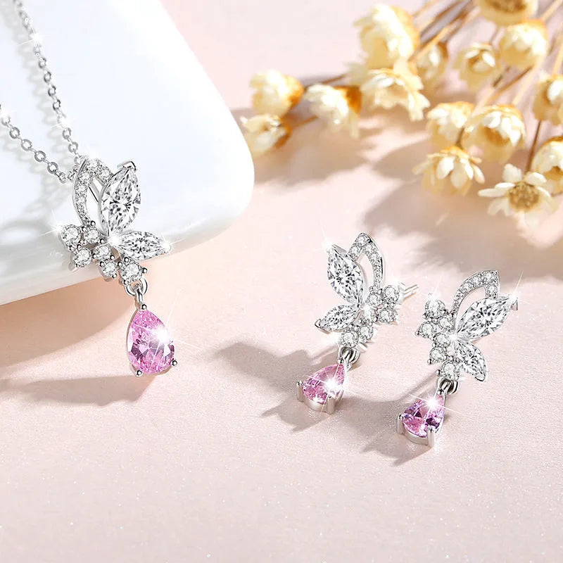 Silver butterfly stud earrings with crystal details on 925 sterling silver