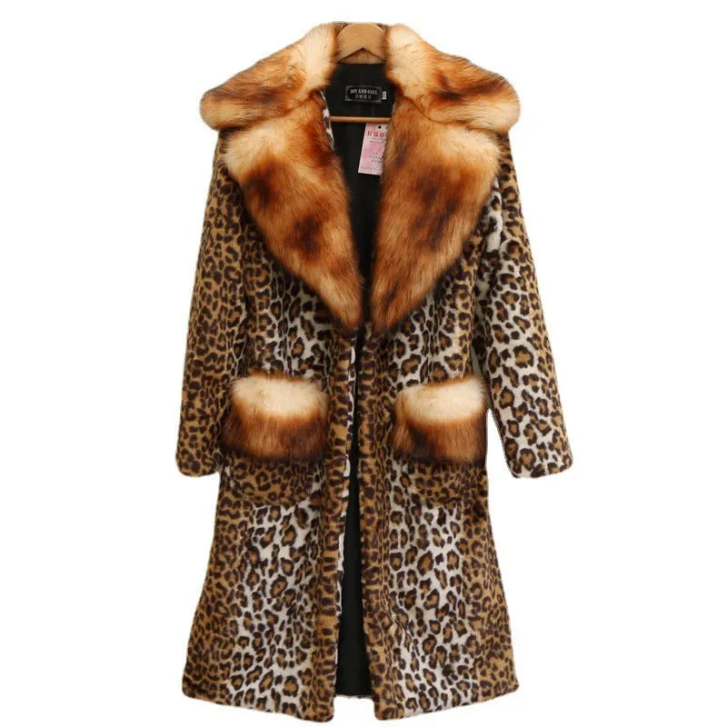Women's leopard print artificial fur jacket with regular sleeves showing 80cm length