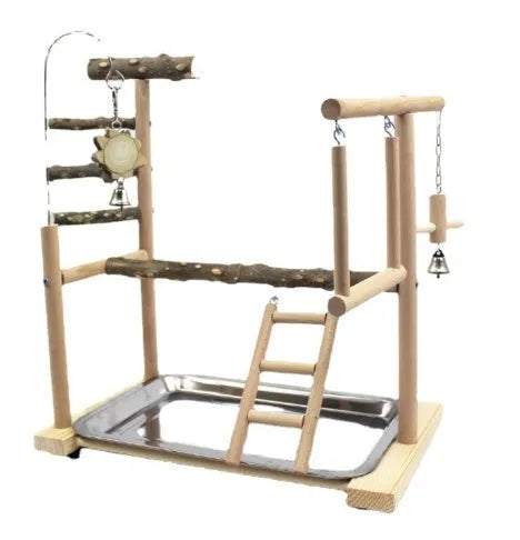 Natural pepper wood parrot play stand with multiple perches and an attached toy rack.