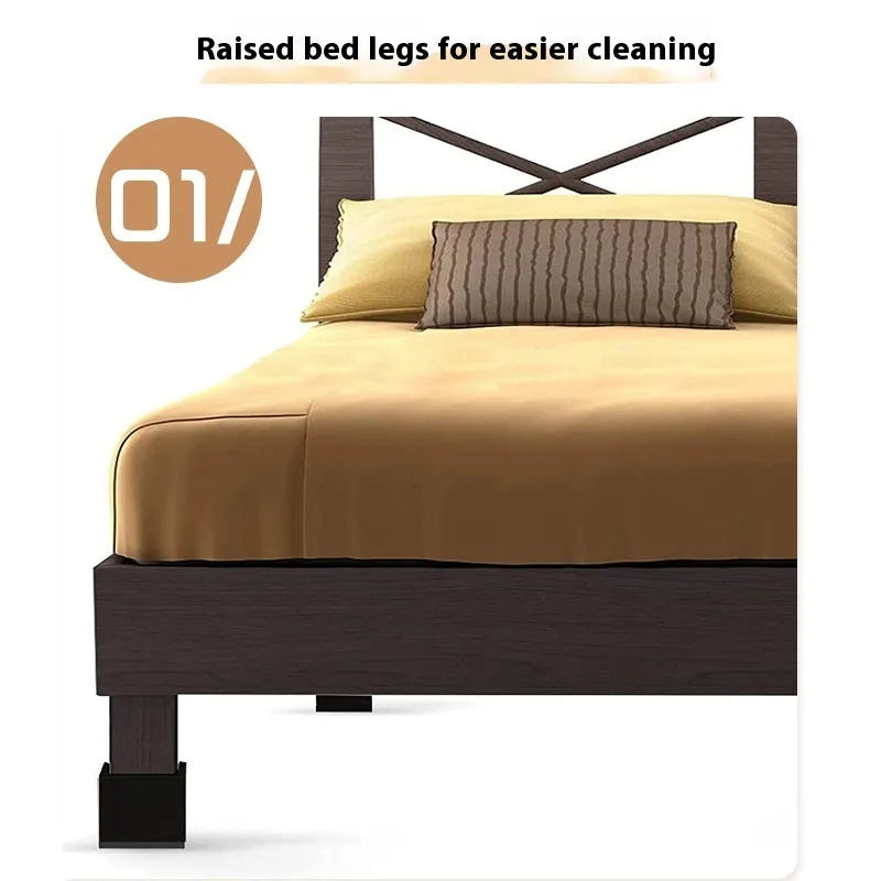 Four black thickened plastic furniture foot height increasing mats on a white background