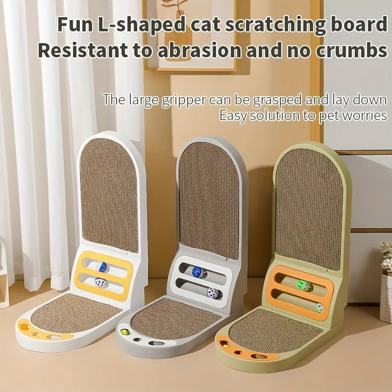 L-shaped vertical cat scratching board in green colour on a wooden floor