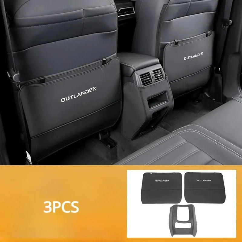 Set of three leather anti-kick pads for a Mitsubishi Outlander car seat armrest and box.