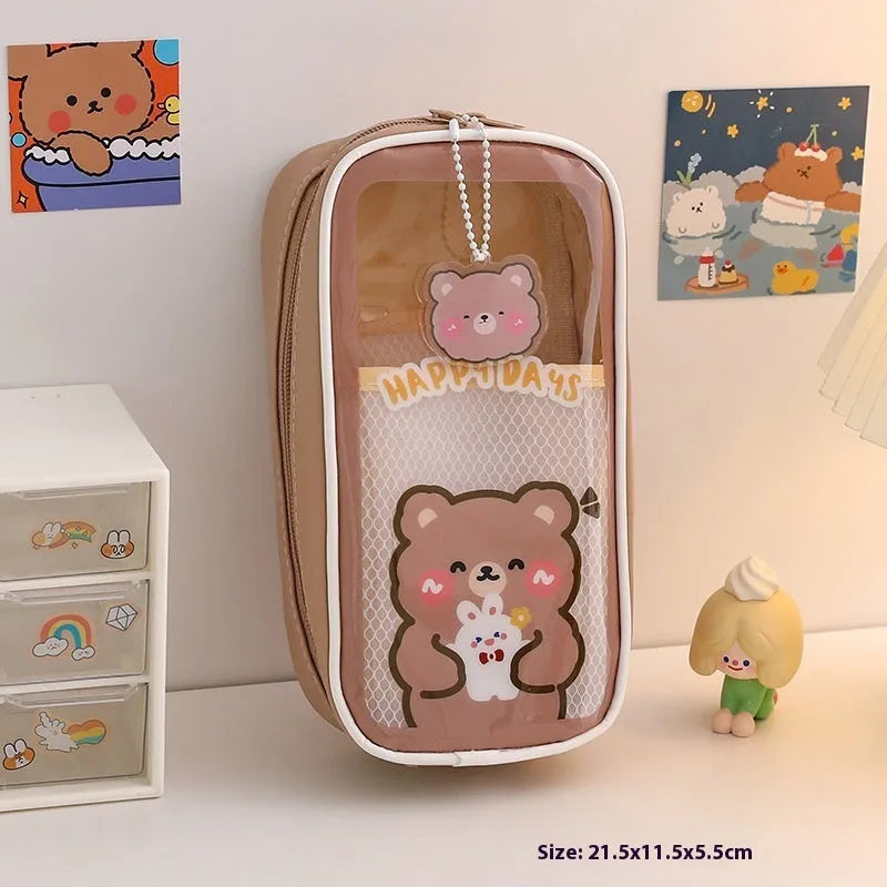 Transparent PVC student pencil case with cartoon design in candy bear, pink rabbit, blue dog, or purple dog colours