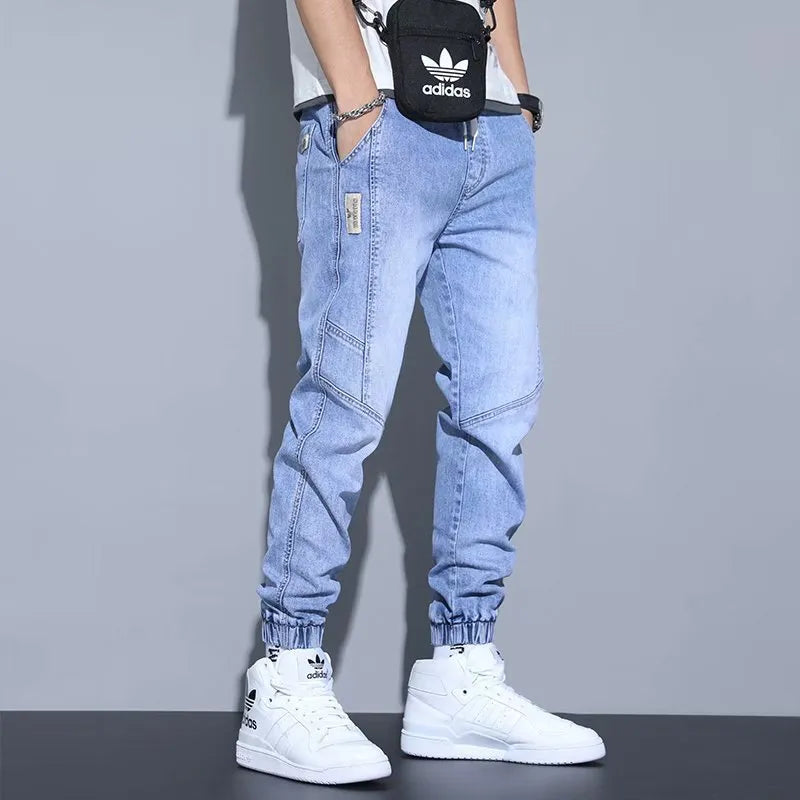 Men's slim fit high-waist ankle-tied harem jeans in denim cotton, available in black, blue, gray