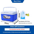 Blue portable insulated cooler box with aluminium foil layer, shown with capacity options from 3.5L to 38L.