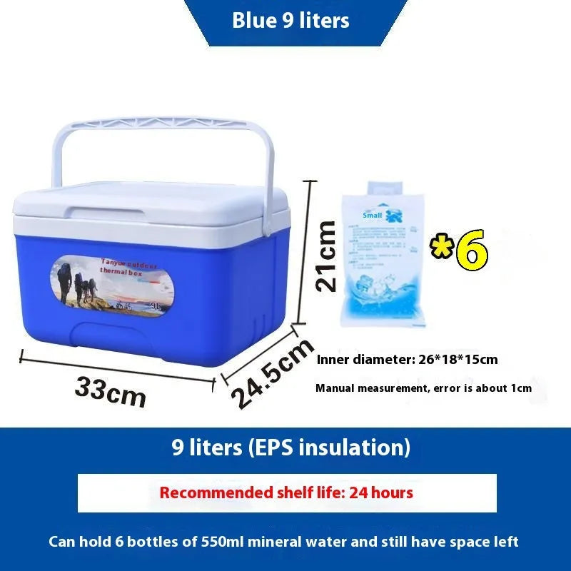 Blue portable insulated cooler box with aluminium foil layer, shown with capacity options from 3.5L to 38L.