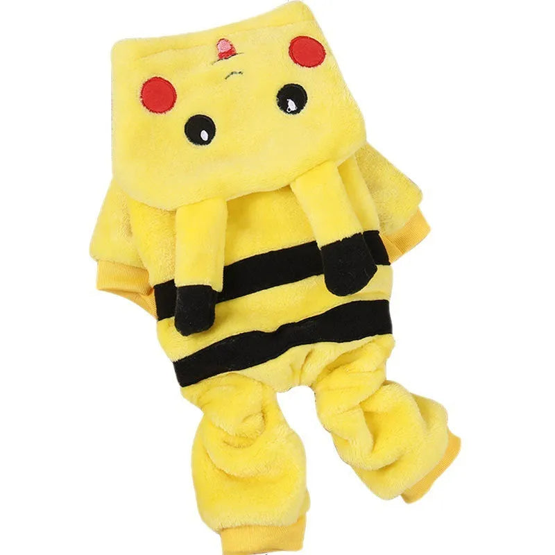 Fleece hooded pet coat for dog or cat in cartoon cosplay design on a mannequin