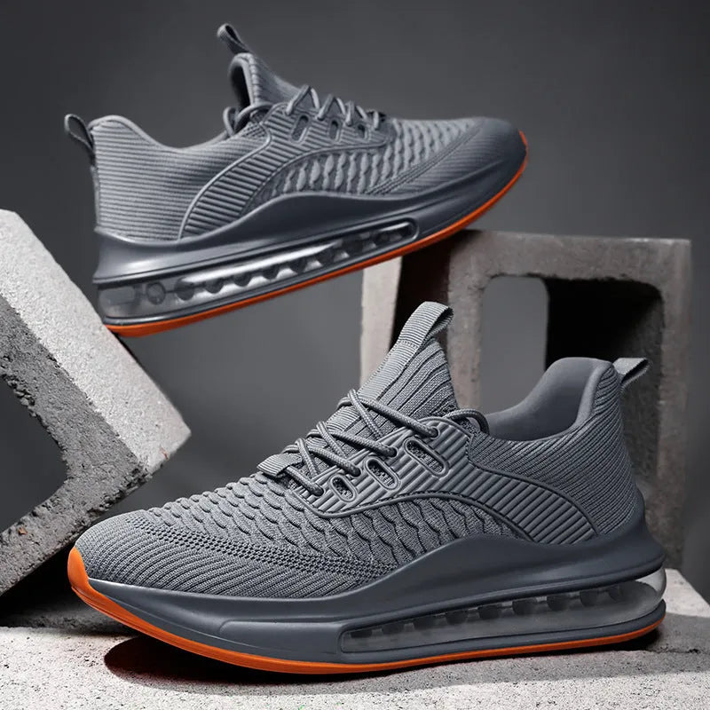 Men's black mesh running shoes with platform sole and lace-up closure
