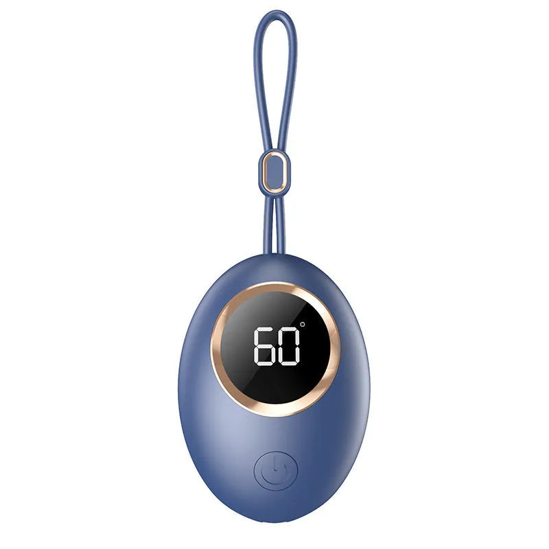 USB-powered hand warmer power bank with digital display in various colour options.