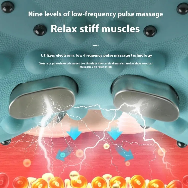 Blue-green cervical massage pillow with EMS, heat, and vibration functions for neck and shoulder relief