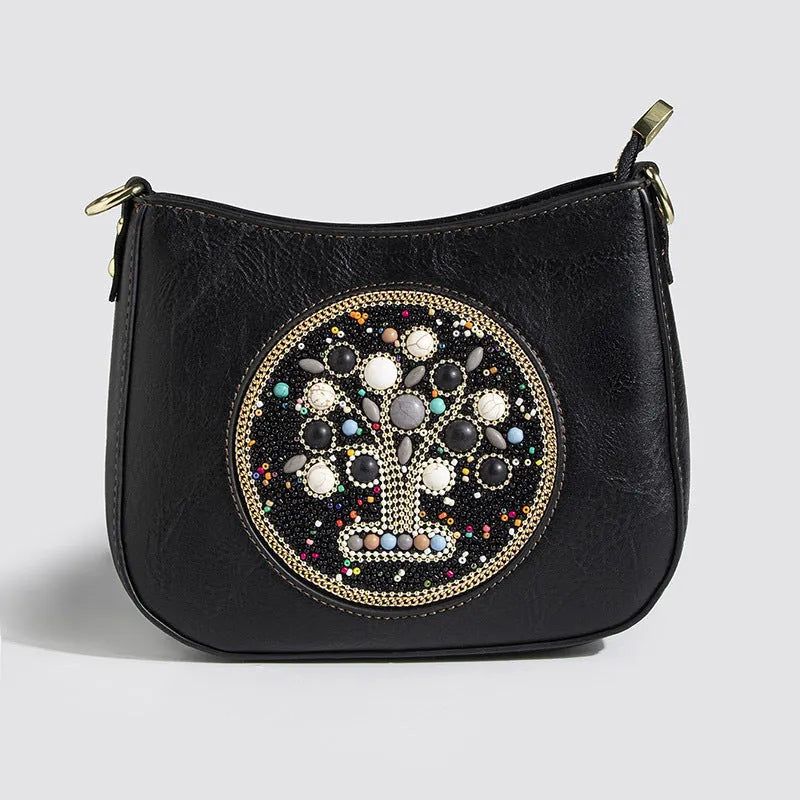 Straw bead turquoise ethnic style tote bucket crossbody bag with flower detail