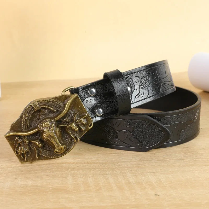 Men's imitation leather belt with electroplated cow head alloy buckle, 125 cm length
