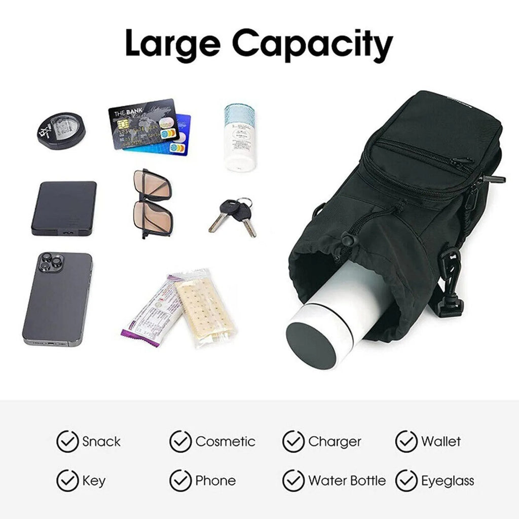 Black cloth crossbody water bottle pouch shown holding a bottle.