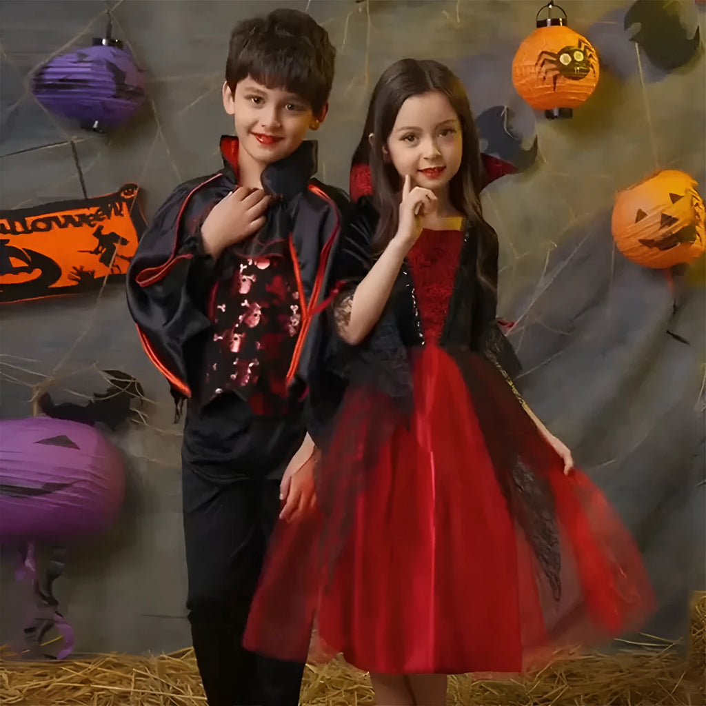 Unisex children's Halloween witch costume suit with cape and free headdress, polyester blend fabric, available in sizes 90-170cm