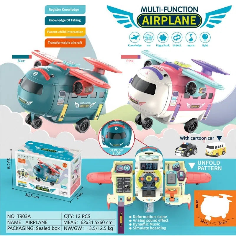 Early education transformation machine with lighting music coin bank in English blue plastic 42x14x22cm