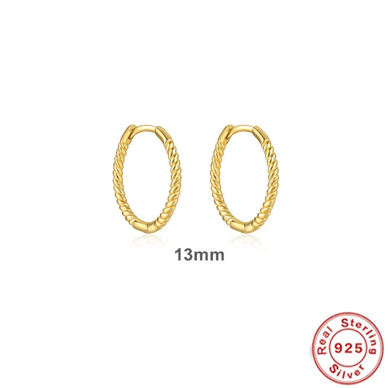 S925 Sterling Silver twisted string round ring earrings in gold or white gold plating, showing geometric design.
