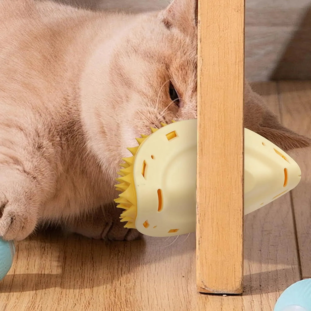 Yellow durian-shaped cat corner scratcher mounted on wall with catnip powder packet