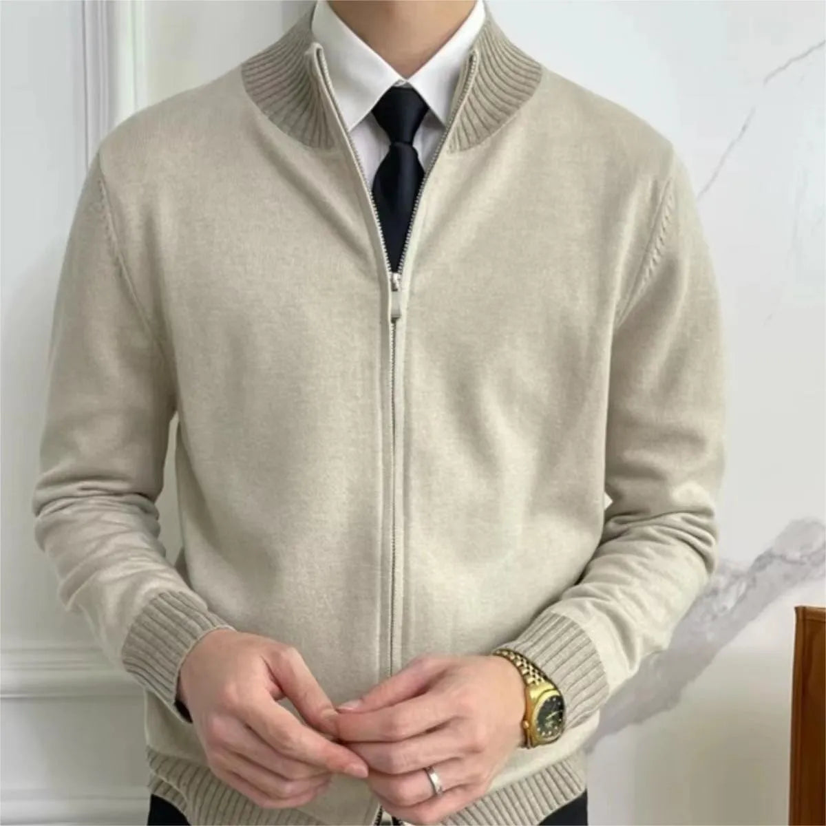 Men's loose-fit polyester knitwear coat in navy blue, long sleeves, size M to 3XL