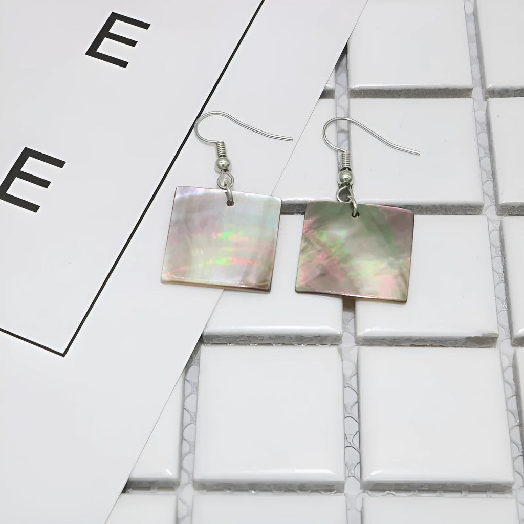 Women's shell earrings with geometric square panther or rectangular designs in natural style