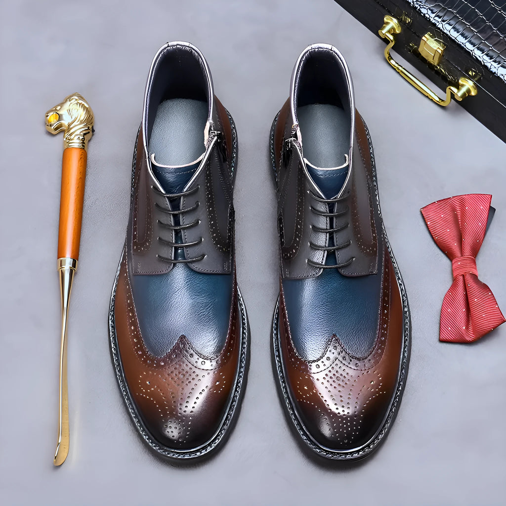 Men's coffee blue vintage brogue ankle boots with colour-blocked panels and leather laces.