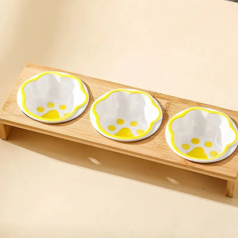 Raised bamboo frame ceramic pet bowl set for small cats and dogs in blue, reducing neck strain during eating