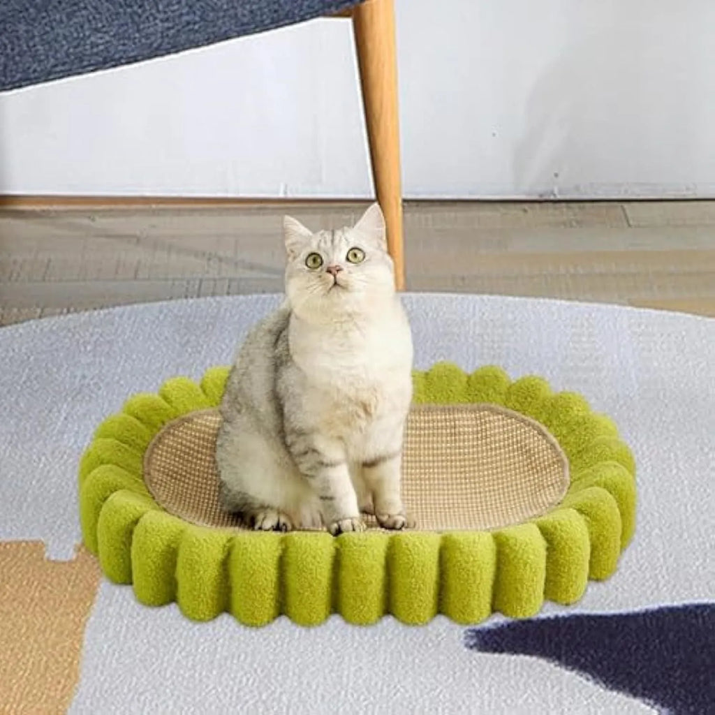 Green oval cat scratcher bed made from sisal, showing its bowl shape and textured scratching surface.