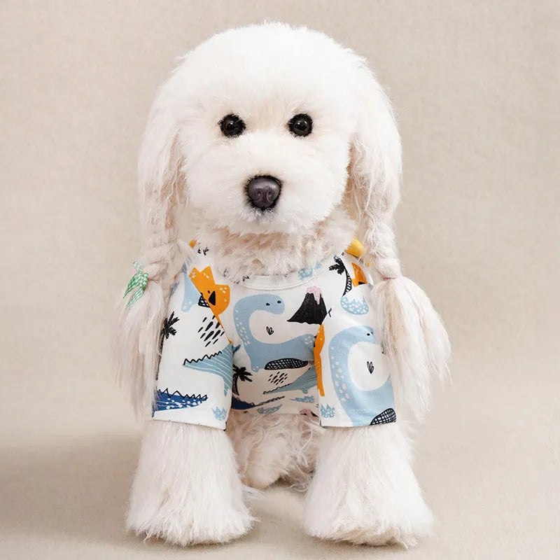 Full printed casual polyester t-shirt for small dogs, shown in multiple colour options with size chart.