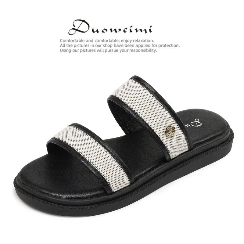 Women's vintage brown and black soft-bottom flip-flops made from artificial PU leather, showing retro strap design.