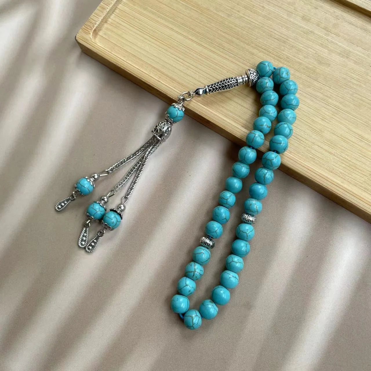 Handmade sky blue stone Muslim prayer bracelet with 8mm tasbih beads for Dhikr counting