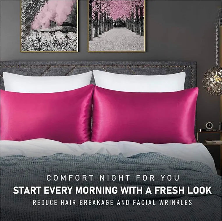 Pair of solid colour satin cloth pillowcases showing colour options including navy blue, wine red and light pink