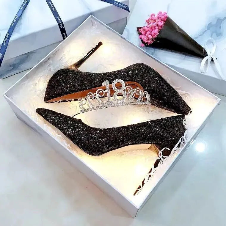 Women's crystal bridal shoes in silver and black with stiletto heels