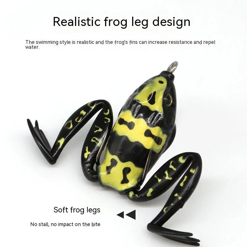 Bionic thunder frog snake head fishing lure in grass green with black yellow dots pattern and double hooks