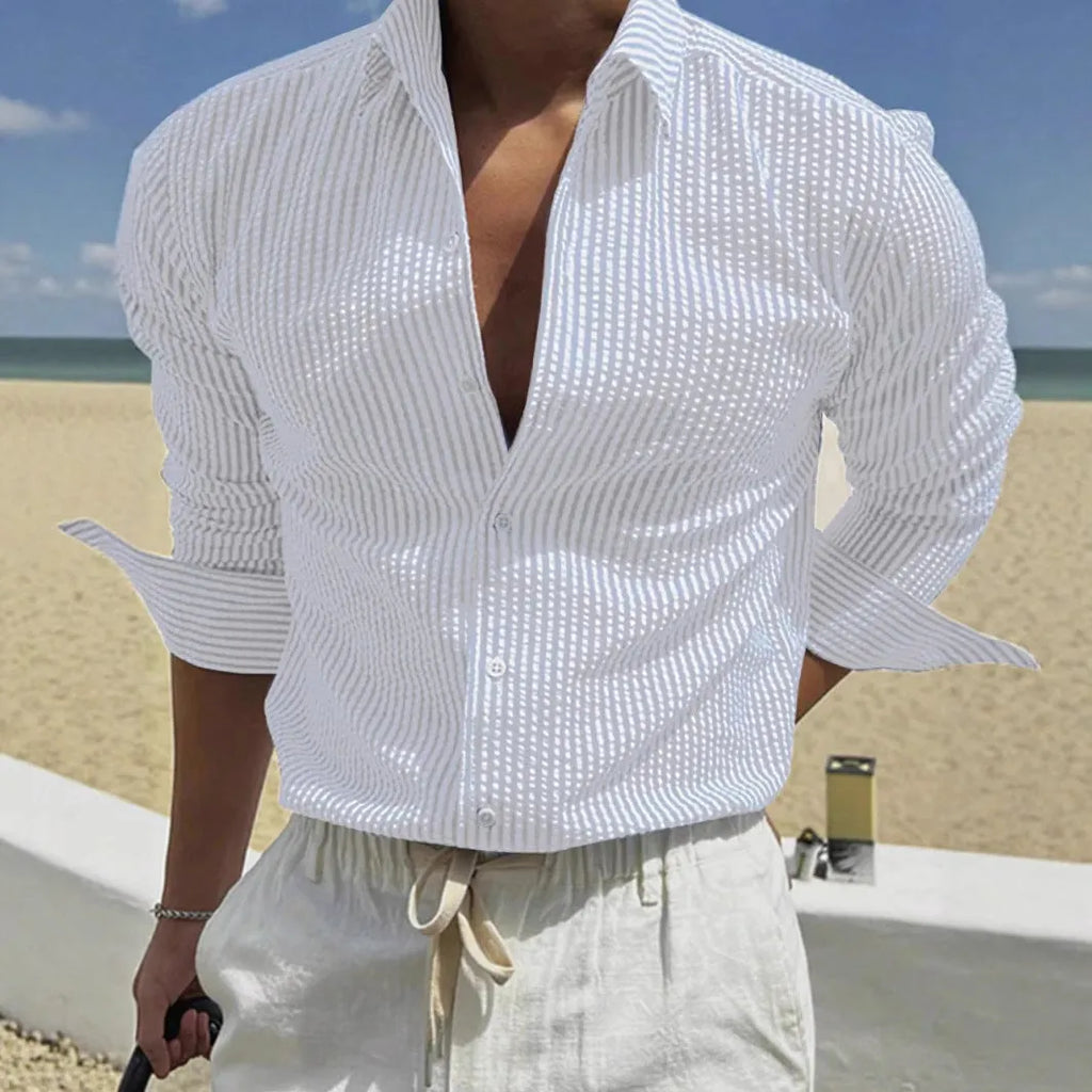 Fashion striped cardigan lapel long sleeve shirt in polyester, available in multiple colours and sizes