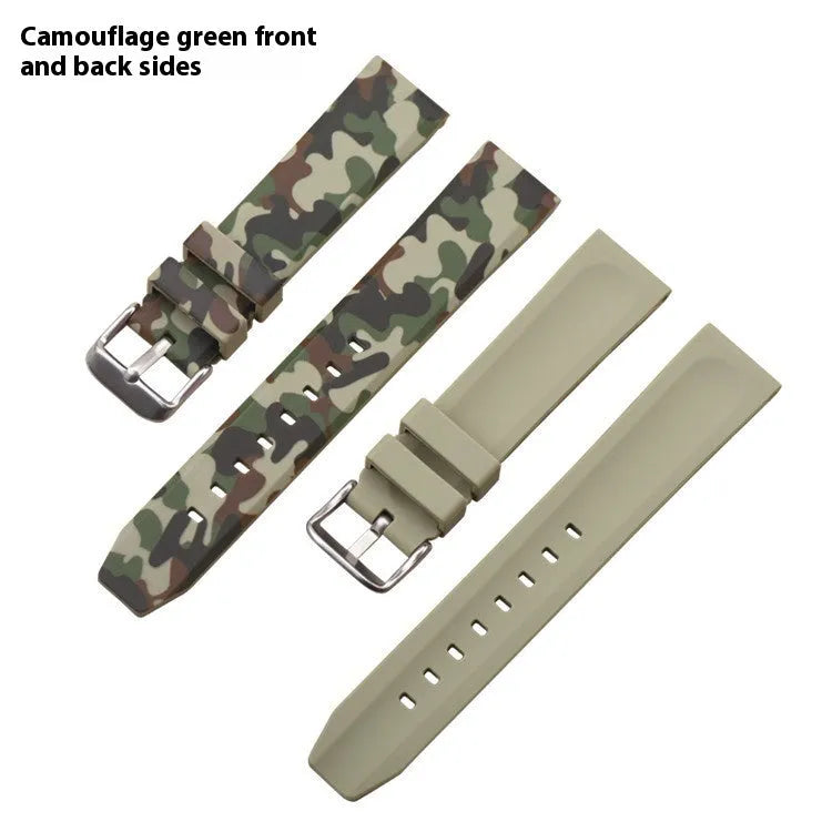 Green camouflage silicone watch strap showing 20mm lug width and buckle.