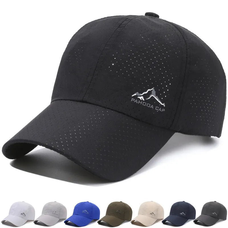 Adjustable polyester baseball cap in Army Green colour with breathable hollow design on a white background.