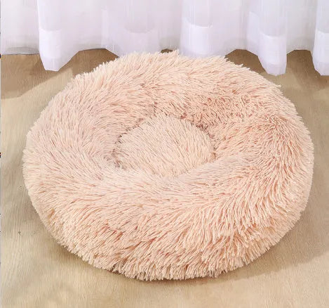 Round PV plush pet bed with raised rim in khaki colour for dogs and cats