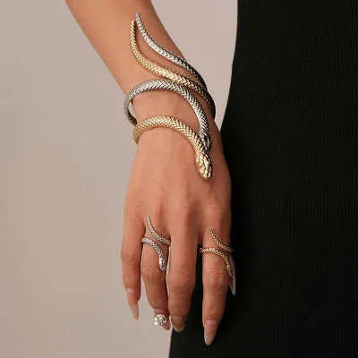 Gold and silver exaggerated twisted winding snake design bracelet and ring two-piece jewellery set