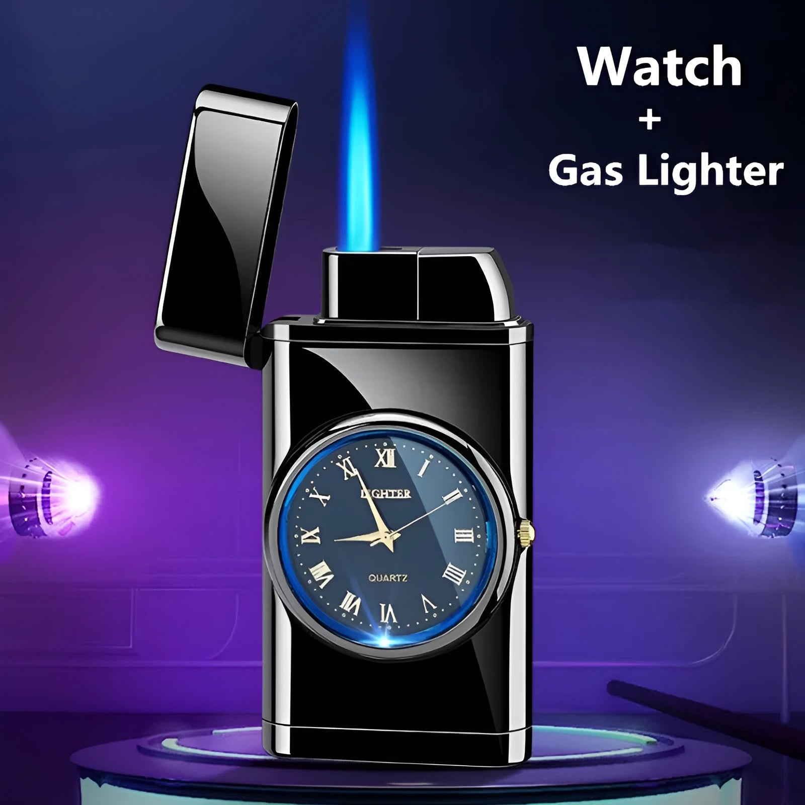Multifunctional electronic watch cigarette lighter with LED lamp in metal body showing different finish options