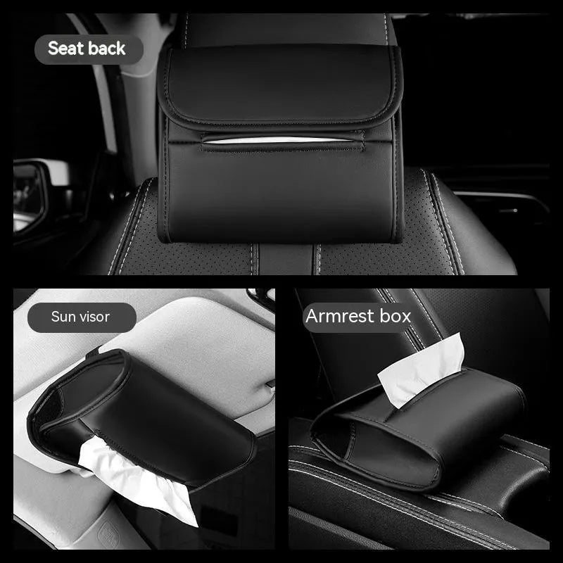 Leather car tissue box holder with elastic band button mounting on car sun visor
