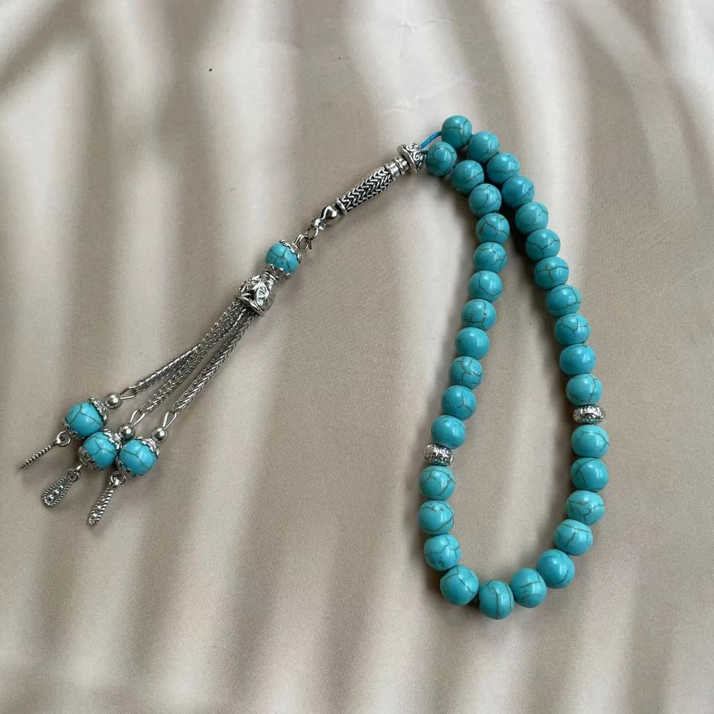 Handmade sky blue stone Muslim prayer bracelet with 8mm tasbih beads for Dhikr counting