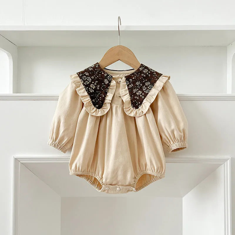 Toddler in long sleeve cotton romper dress with floral collar in brown, suitable height 90cm