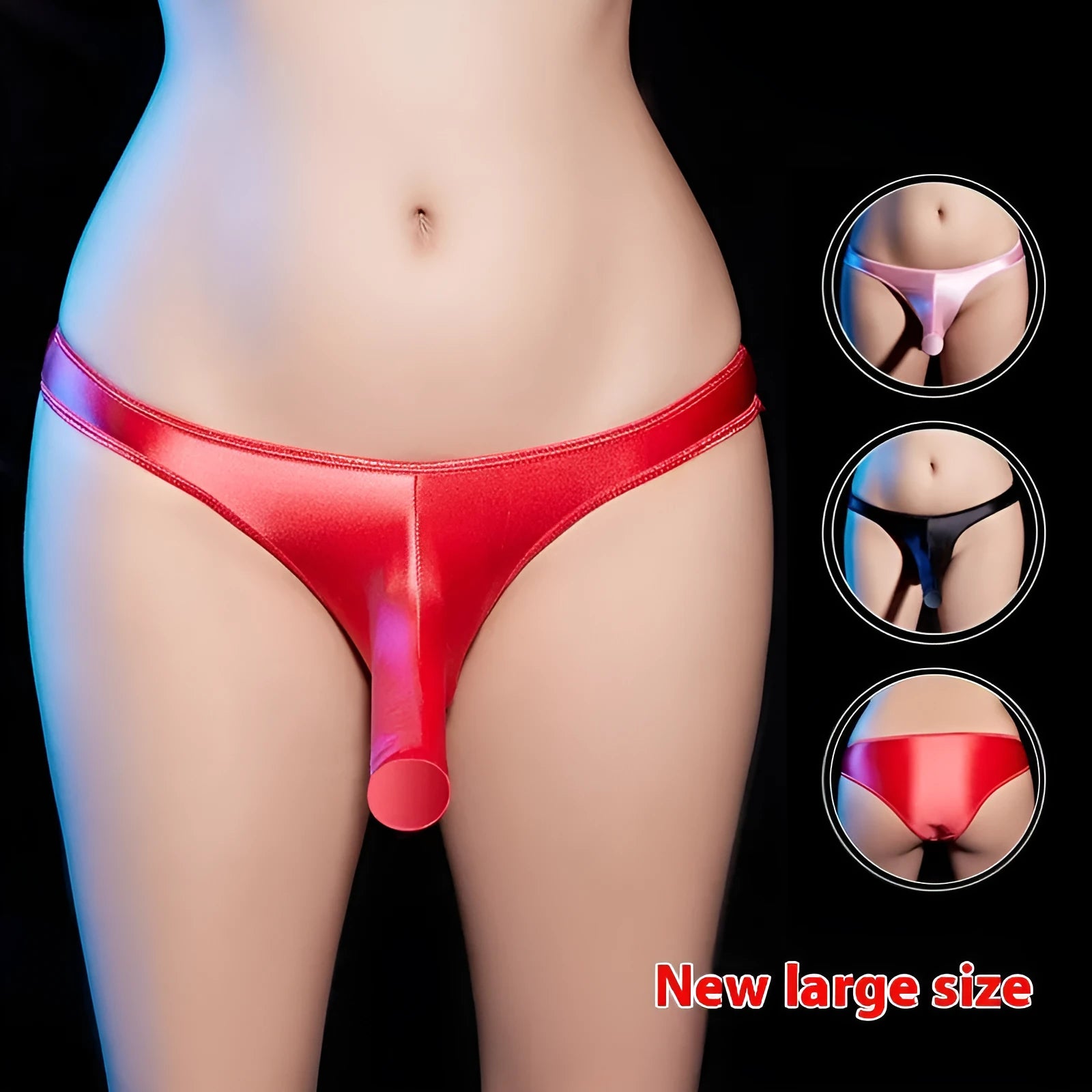 Men's shiny nylon low waist T-back underwear in black, white, grey, red or pink