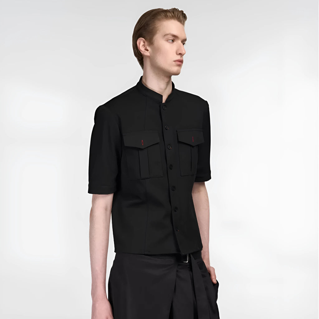 Black loose fit hunting shirt with half sleeves, shirt collar, and single-breasted placket