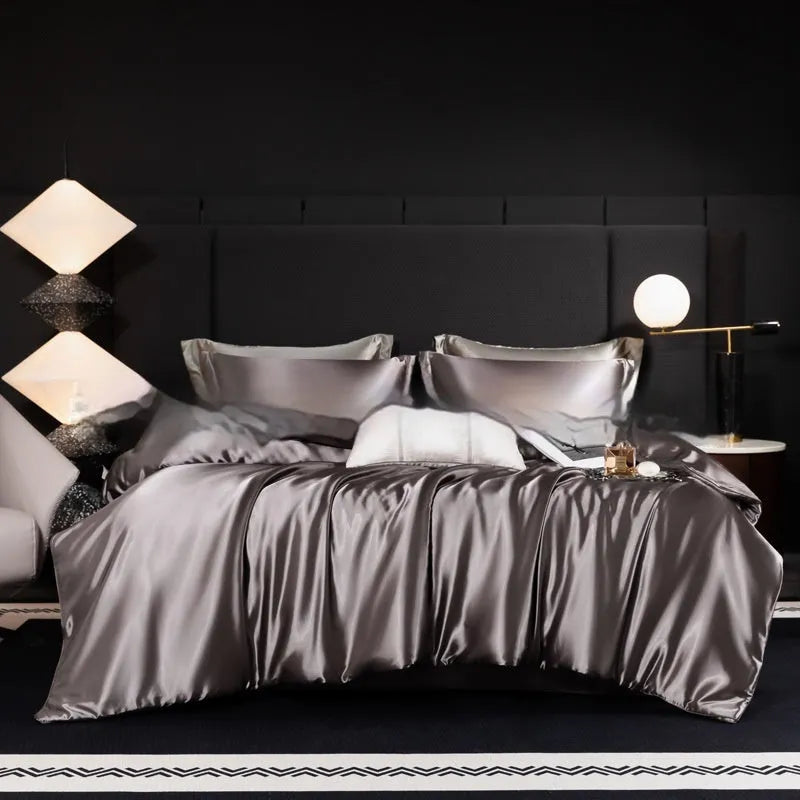Silk bed sheet four-piece set in solid colours showing multiple size options for household bedding