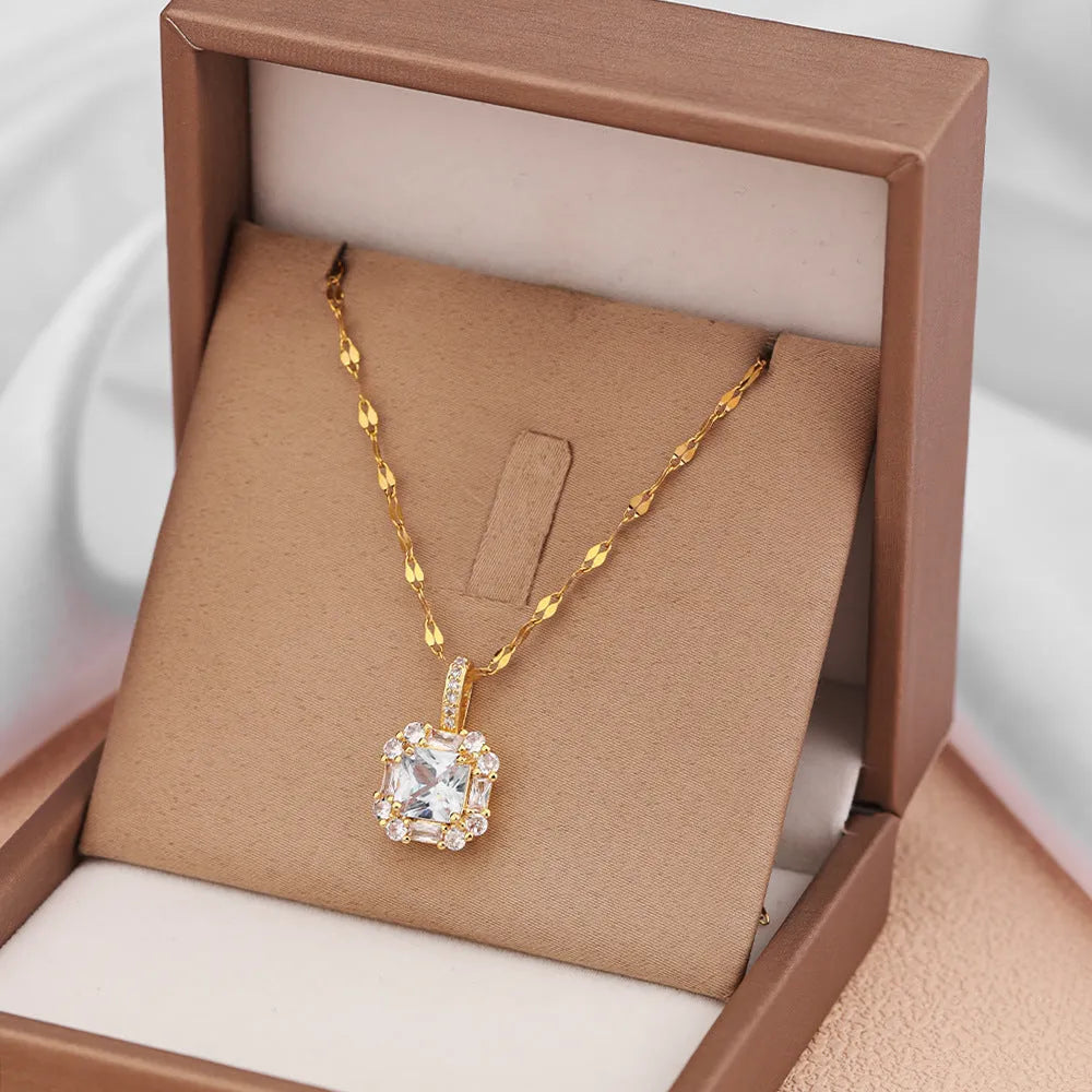 Women's geometric zircon inlaid titanium steel clavicle chain necklace in gold colour
